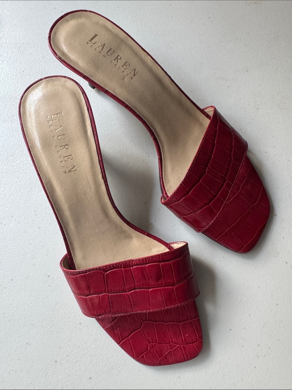 Vintage ❤️ Lauren Ralph Lauren Red Croc-Embossed Slide Mules